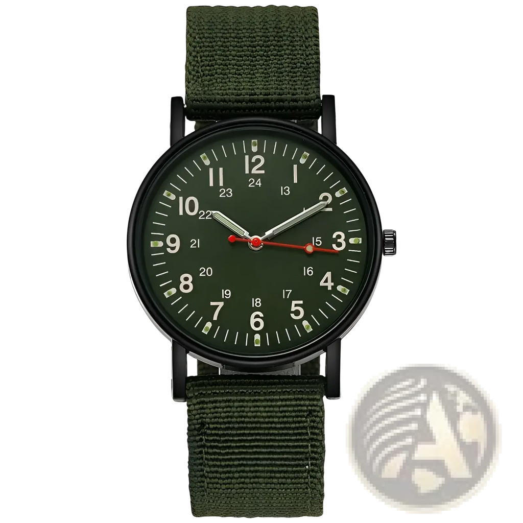 Military quartz watch with olive green nylon strap black case and dark green dial with white numerals and luminous markers
