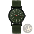 Military quartz watch with olive green nylon strap black case and dark green dial with white numerals and luminous markers