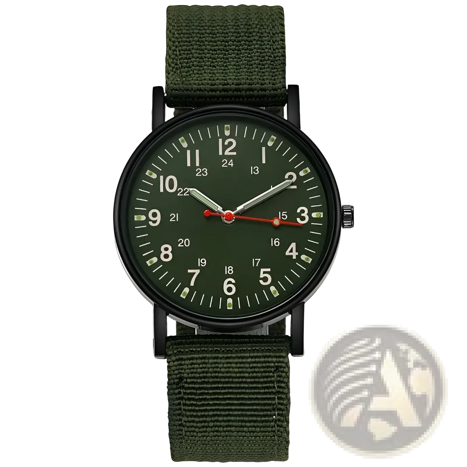 Military quartz watch with olive green nylon strap black case and dark green dial with white numerals and luminous markers