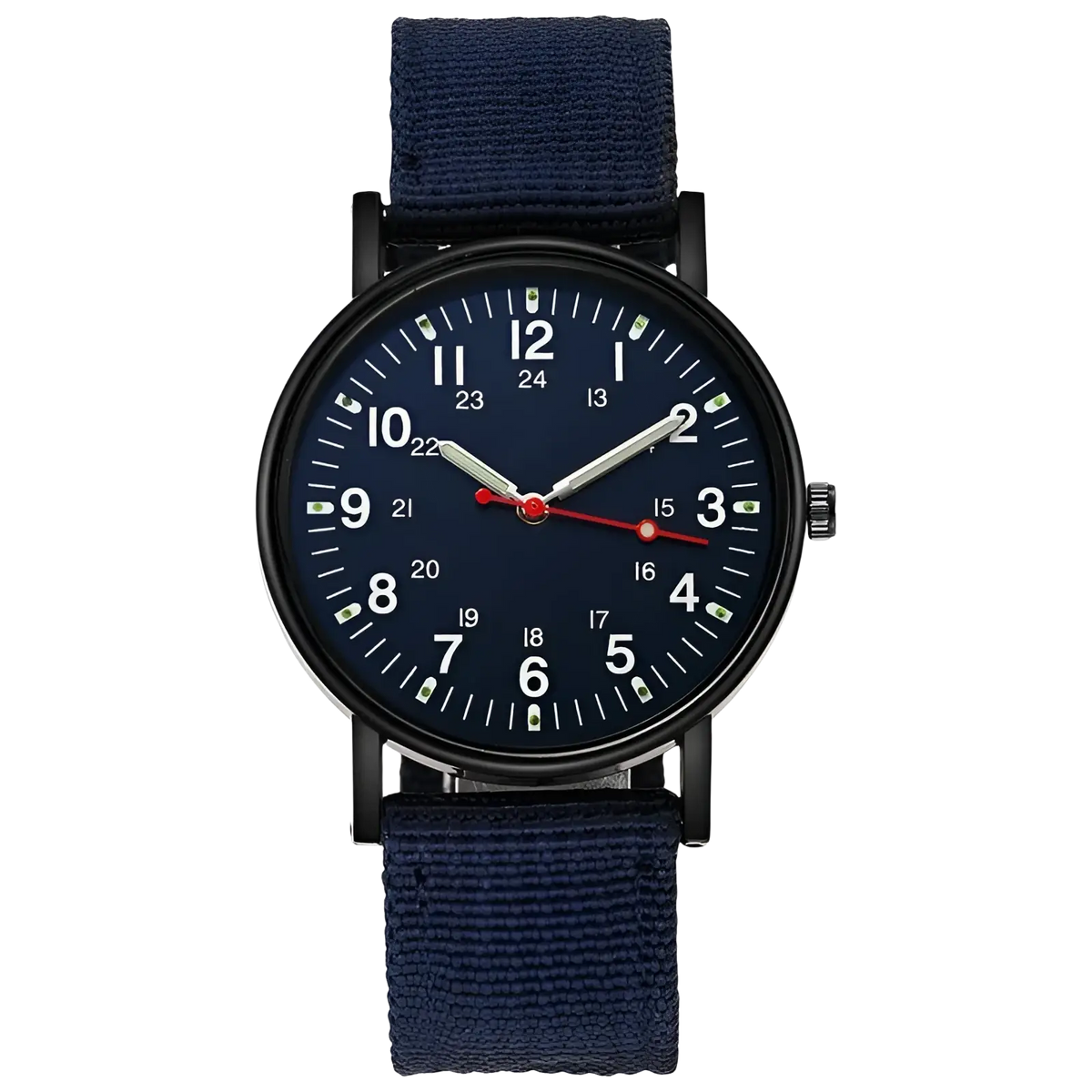 Military quartz watch with navy blue fabric strap black case white numerals on dark dial and olive green nylon strap option