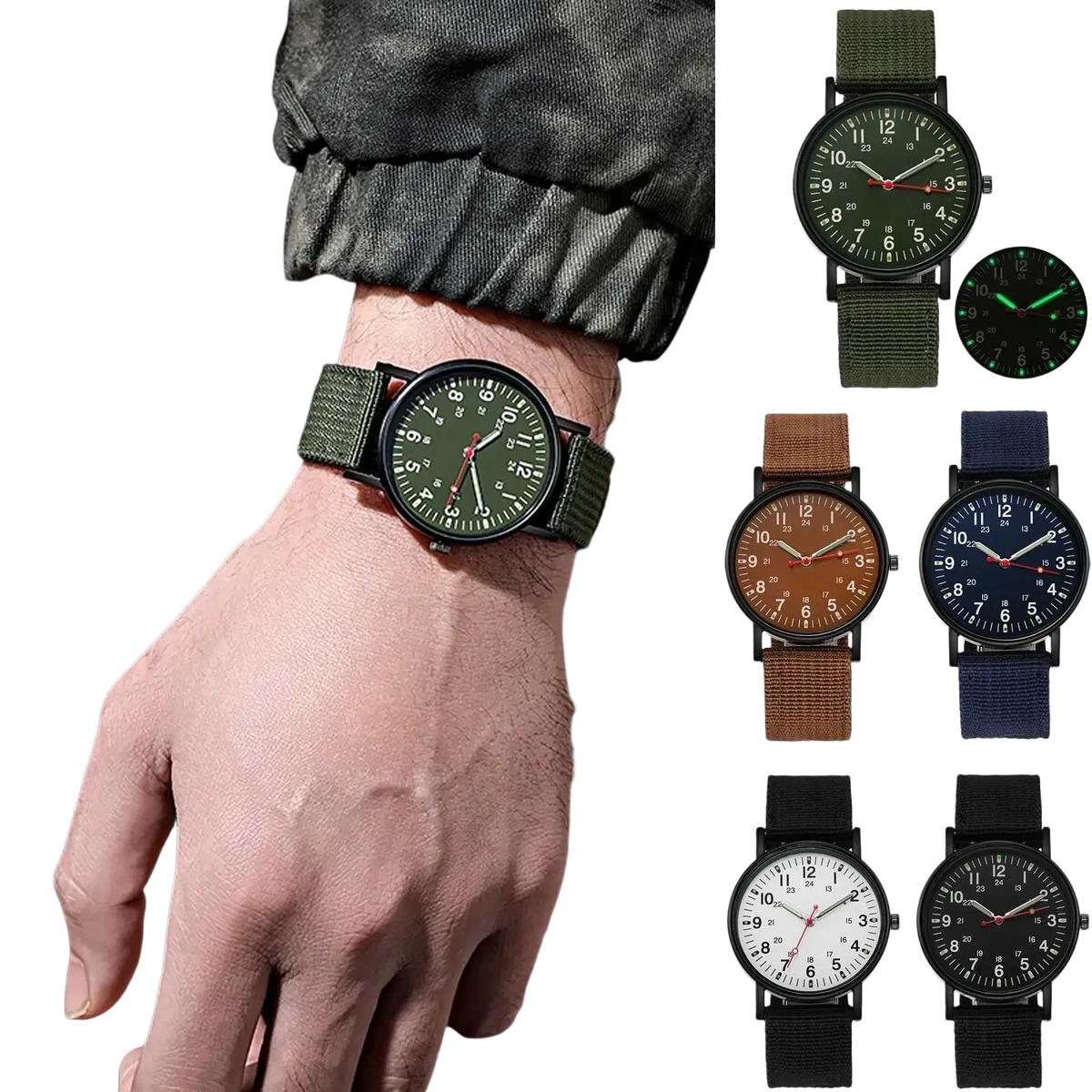Military quartz watch with a black case green face and numerals and olive-green nylon strap for durability