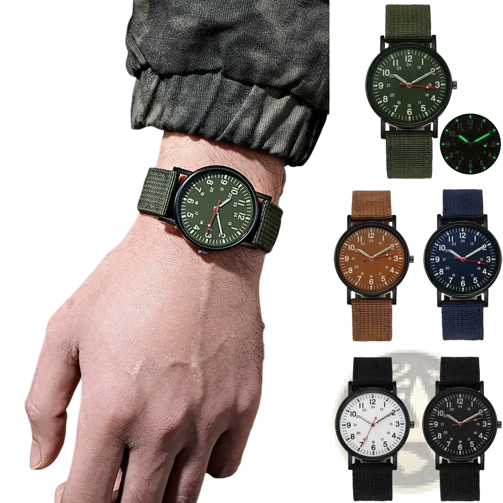 Military quartz watch with black case, green dial with white numerals and red second hand, olive green nylon strap