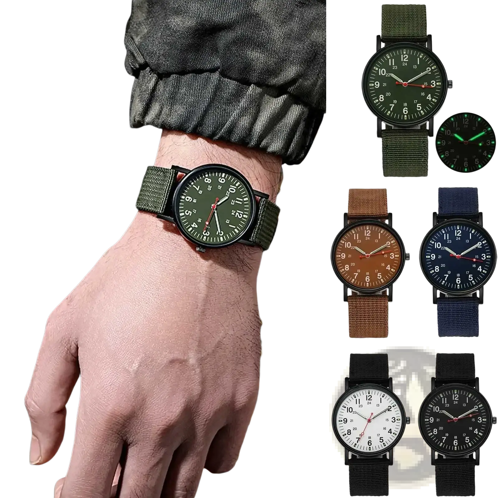 Military quartz watch with black case, green dial with white numerals and red second hand, olive green nylon strap