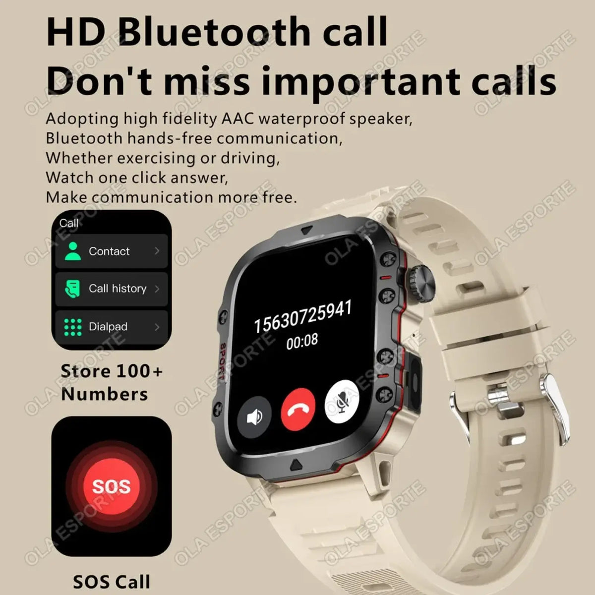 Beige silicone strap military smartwatch with black and red bezel displaying hd bluetooth call interface on screen