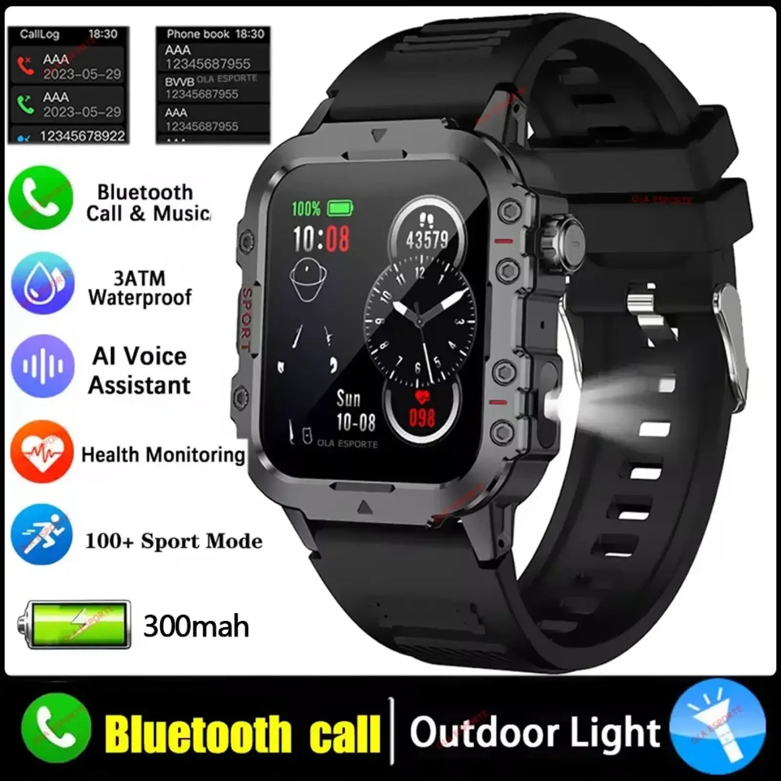 Black ola esporte military smartwatch with rugged rectangular case and matching strap for fitness tracking gps and bt calls