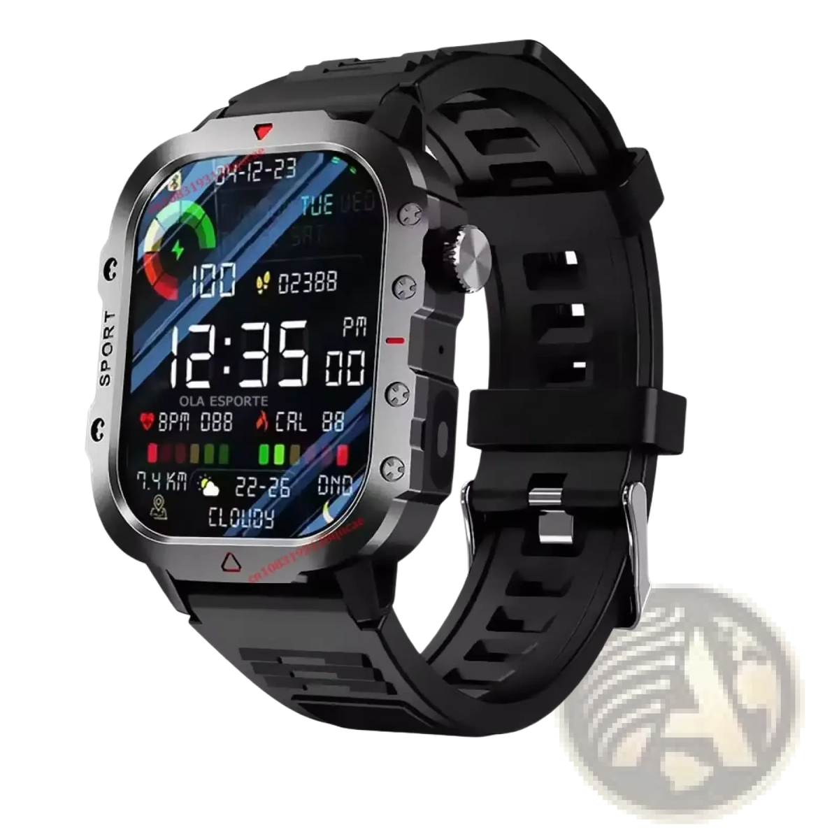 Black military smartwatch fitness tracker with rugged rectangular case and silicone strap featuring gps and bt calls