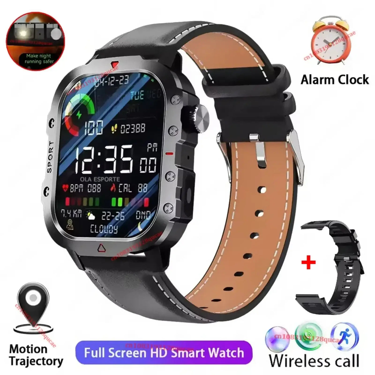Black and tan leather strap military smartwatch with rectangular screen displaying fitness metrics and GPS tracking features