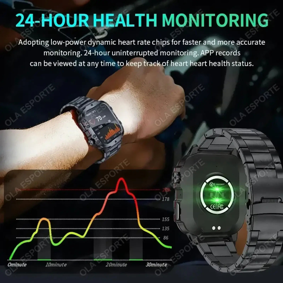 Black metallic link band military smartwatch fitness tracker with rectangular screen showing heart rate and green logo back