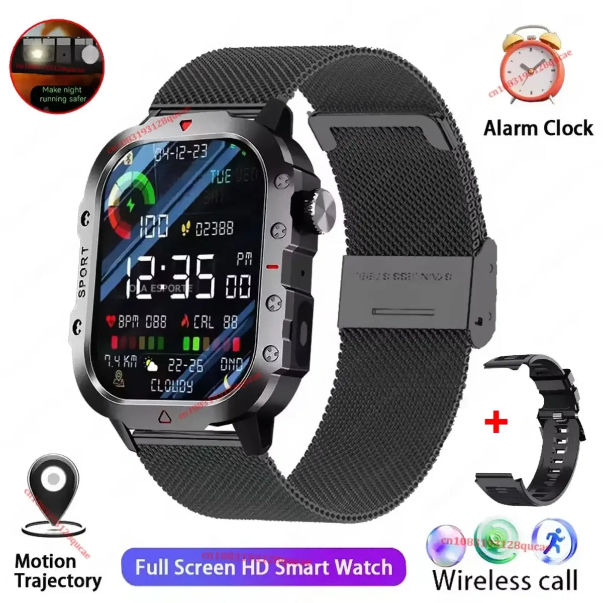 Black mesh band military smartwatch with rectangular screen displaying fitness metrics time and gps tracking features
