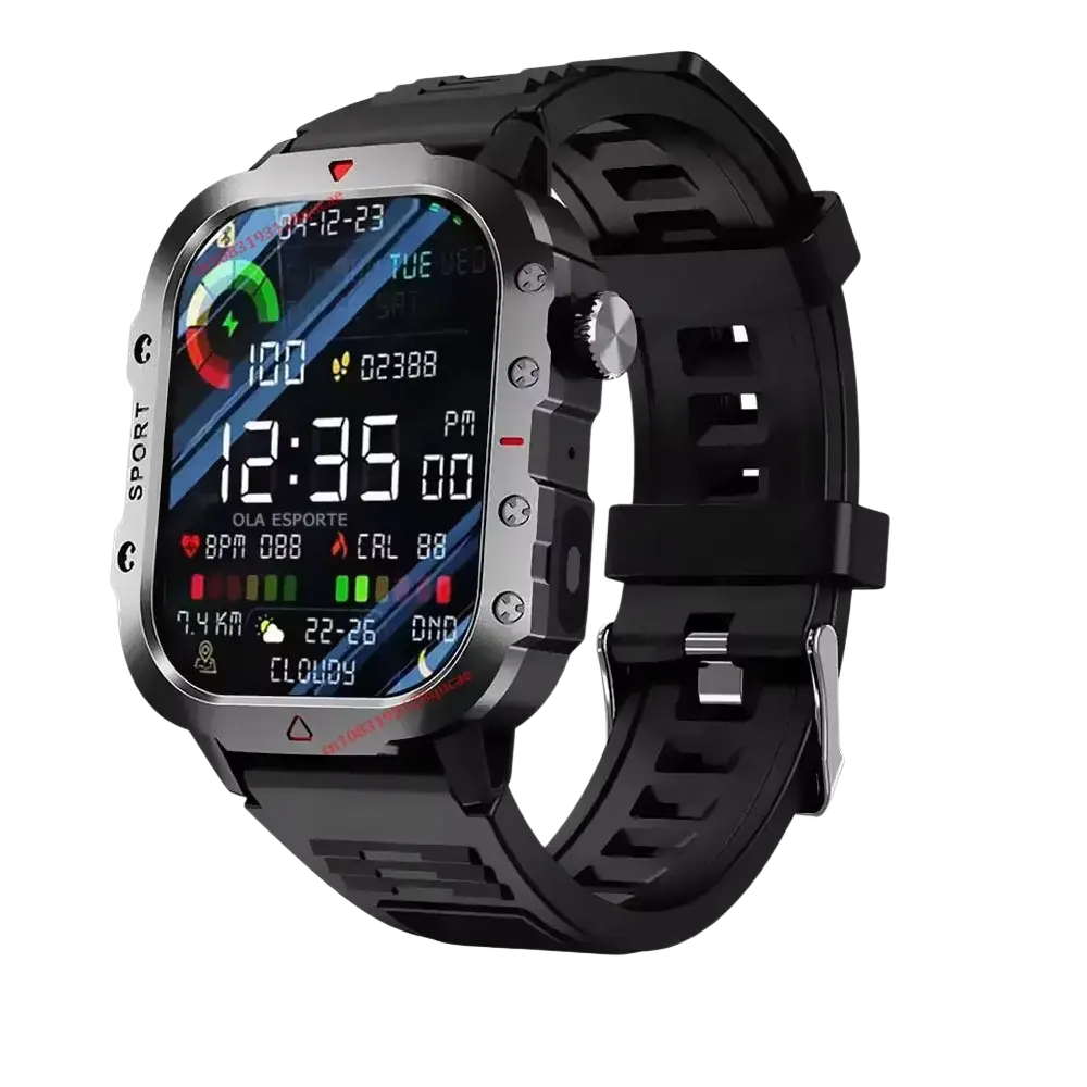 Black military smartwatch fitness tracker with rugged rectangular case and silicone strap featuring gps and bt calls
