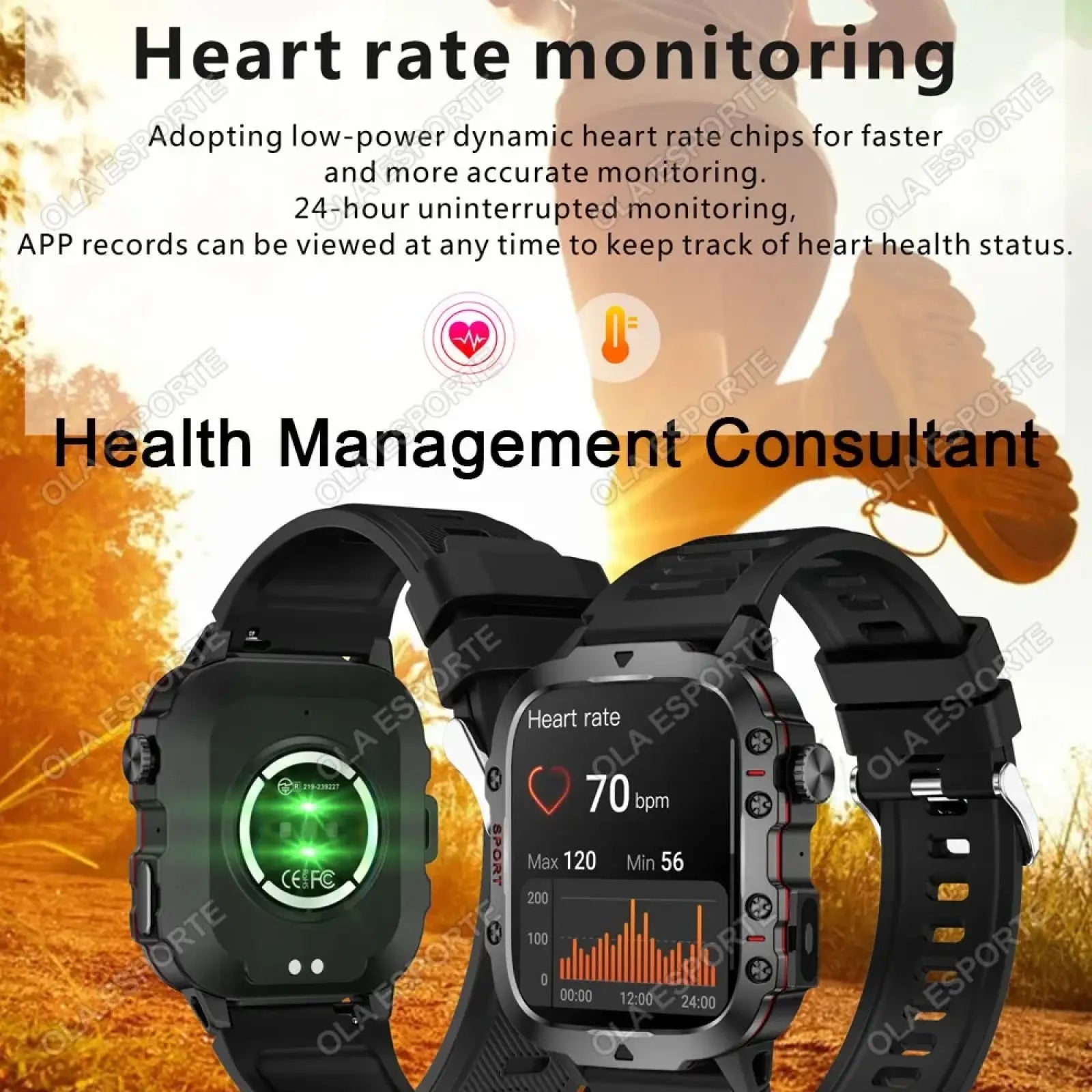 Black military smartwatch fitness tracker with rugged design showing heart rate on digital front and green illuminated back