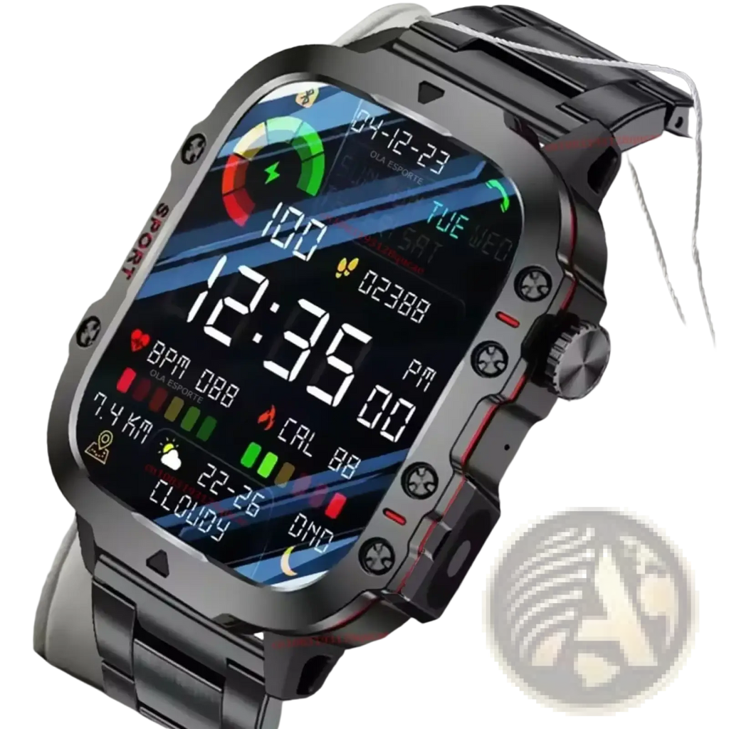 Black stainless steel military smartwatch with rugged rectangular face red accents fitness tracker gps bt calls