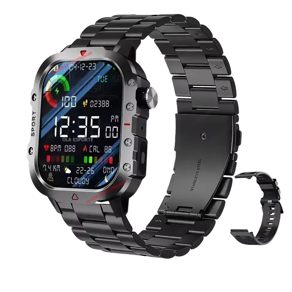 Black stainless steel ola esporte military smartwatch fitness tracker with full-screen hd display and sporty design