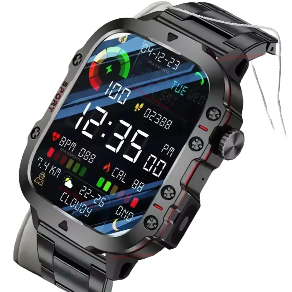 Black stainless steel military smartwatch with rugged rectangular face red accents fitness tracker gps bt calls