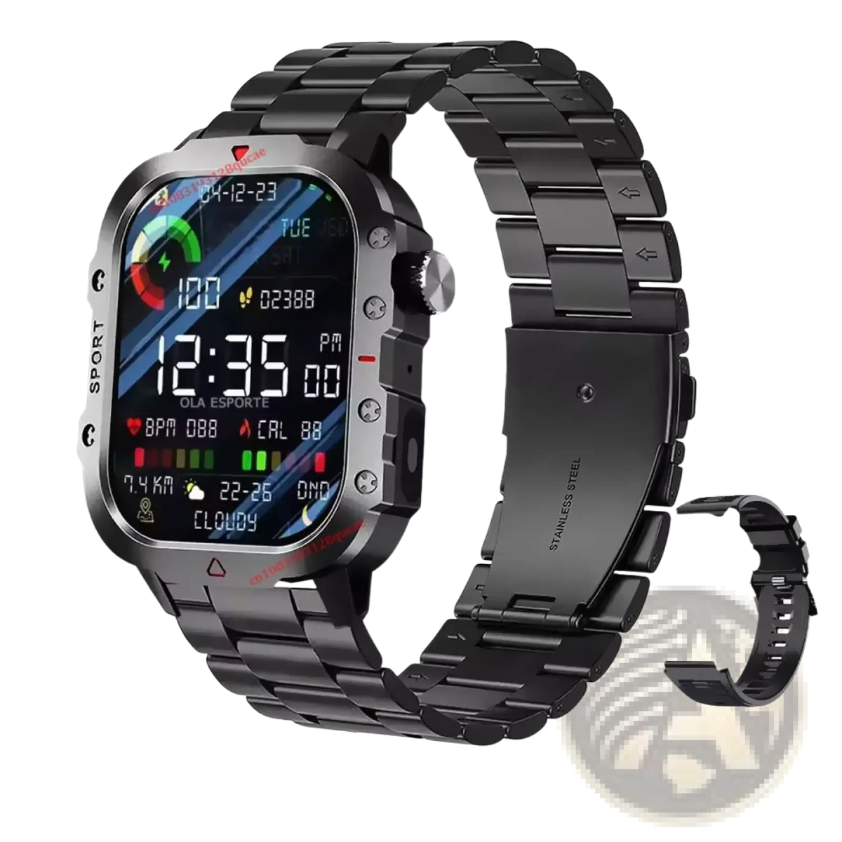 Black stainless steel ola esporte military smartwatch fitness tracker with full-screen hd display and sporty design