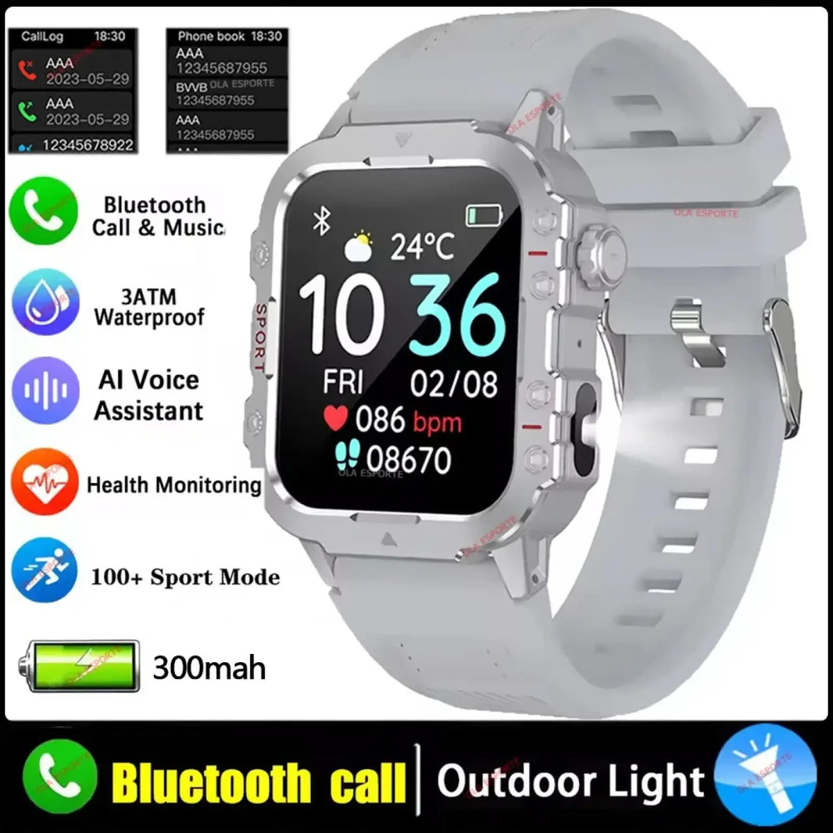 Gray military smartwatch fitness tracker with rectangular screen showing time temperature and health metrics