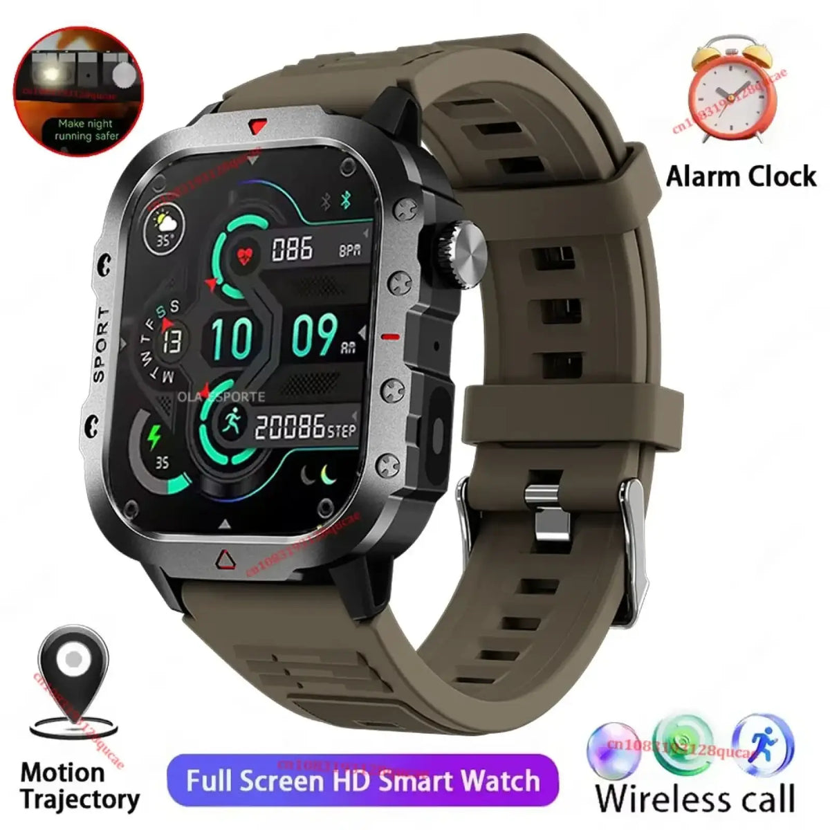 Ola sporte military smartwatch fitness tracker with full-screen HD, rugged black and olive green silicone strap and metallic bezel