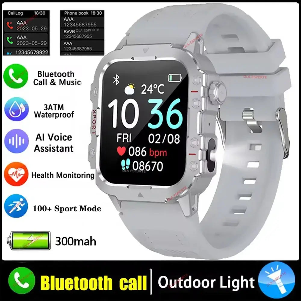 Gray military smartwatch fitness tracker with rectangular screen showing time temperature and health metrics