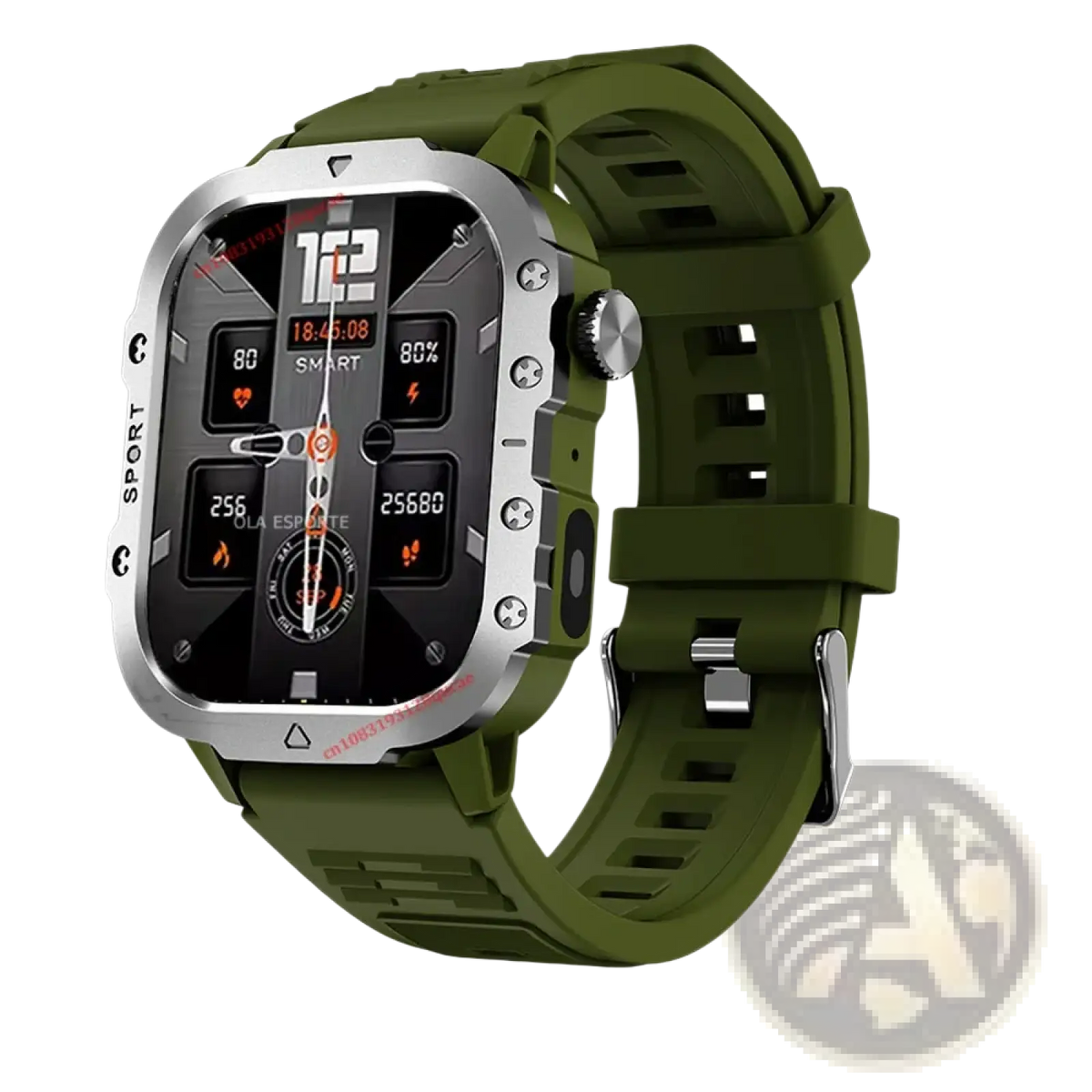 Military smartwatch fitness tracker with olive green silicone strap silver case and black digital display showing health metrics
