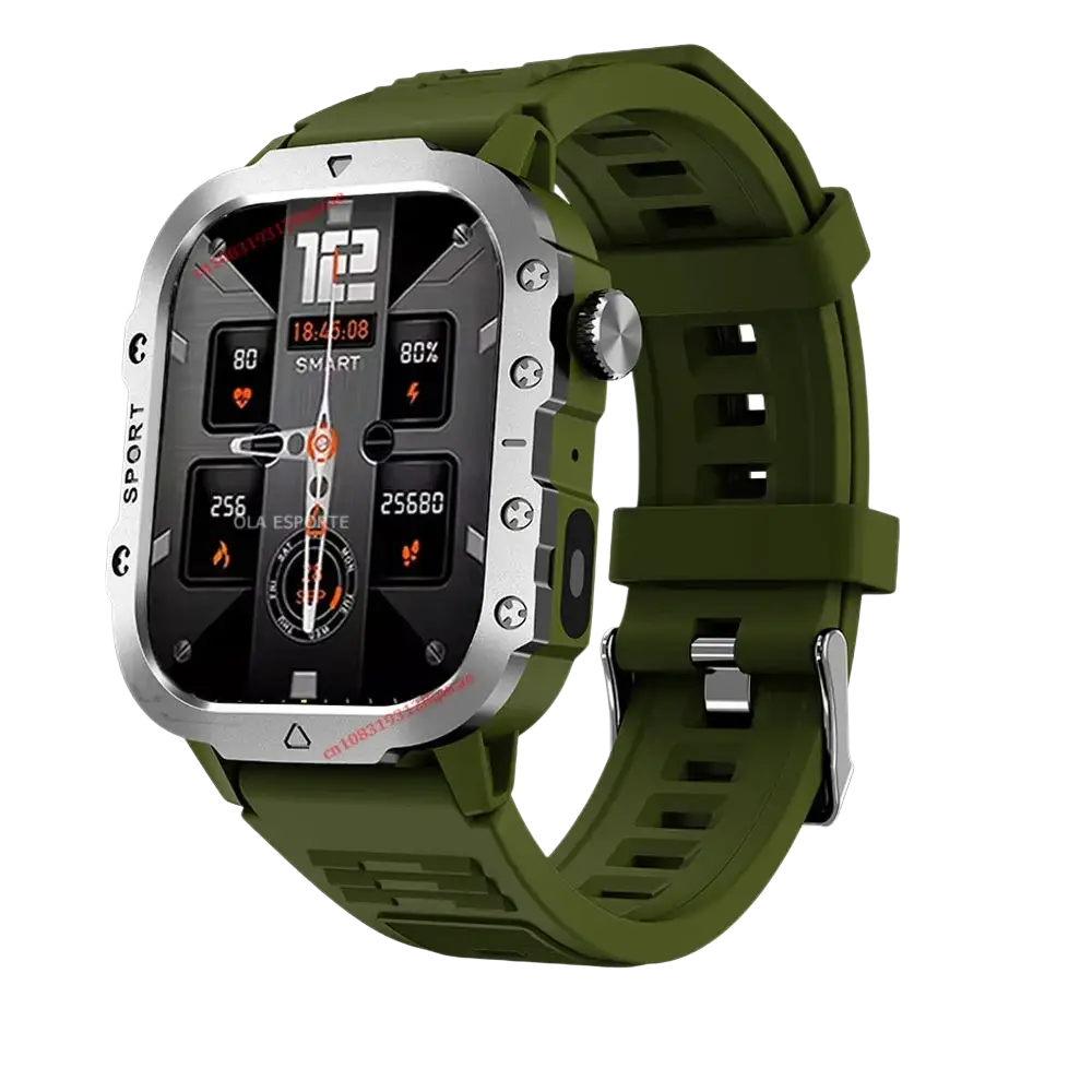 Military smartwatch fitness tracker with olive green silicone strap silver case and black digital display showing health metrics