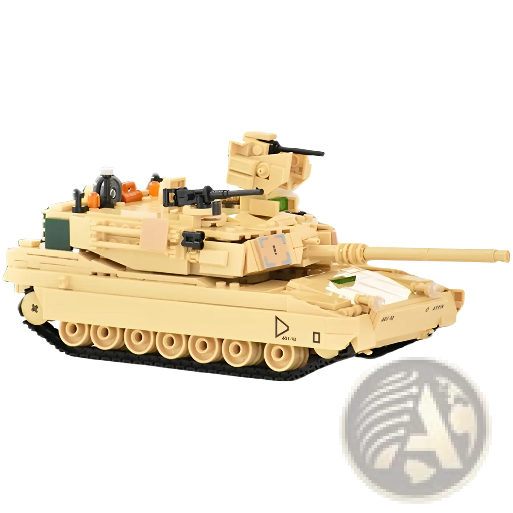 Tan plastic m1 Abrams tank model built from interlocking bricks military tank building block toy shown from back side