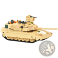 Tan plastic m1 Abrams tank model built from interlocking bricks military tank building block toy shown from back side