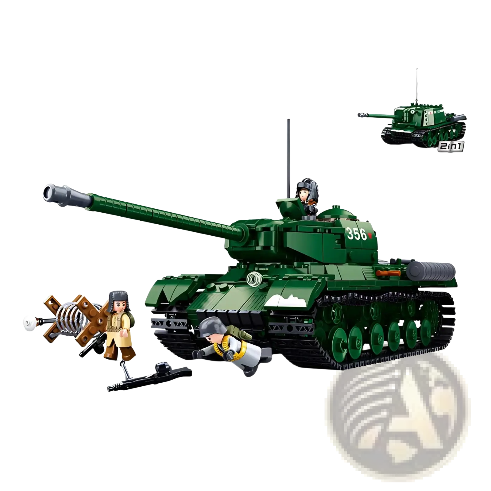 Green plastic military tank building block model with black tracks, long cannon, and number 356 on its side