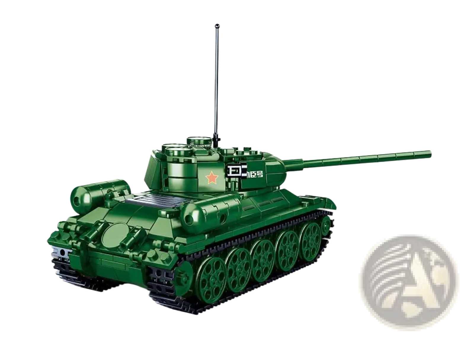 Green plastic Soviet t-34 tank model with red star insignia and black tracks military building block toy