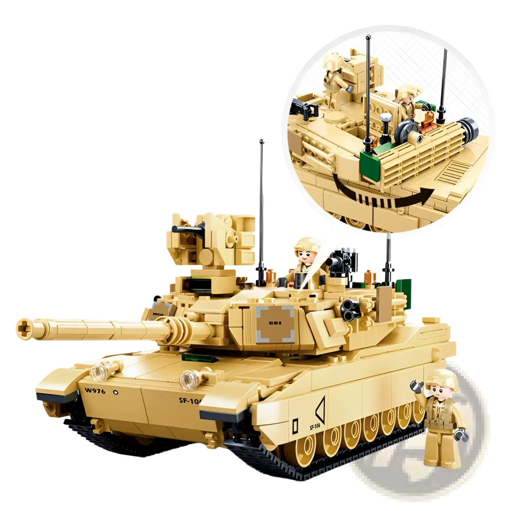 Tan-colored plastic m1 abrams military tank building block model with detailed turret tracks and crew figures toy