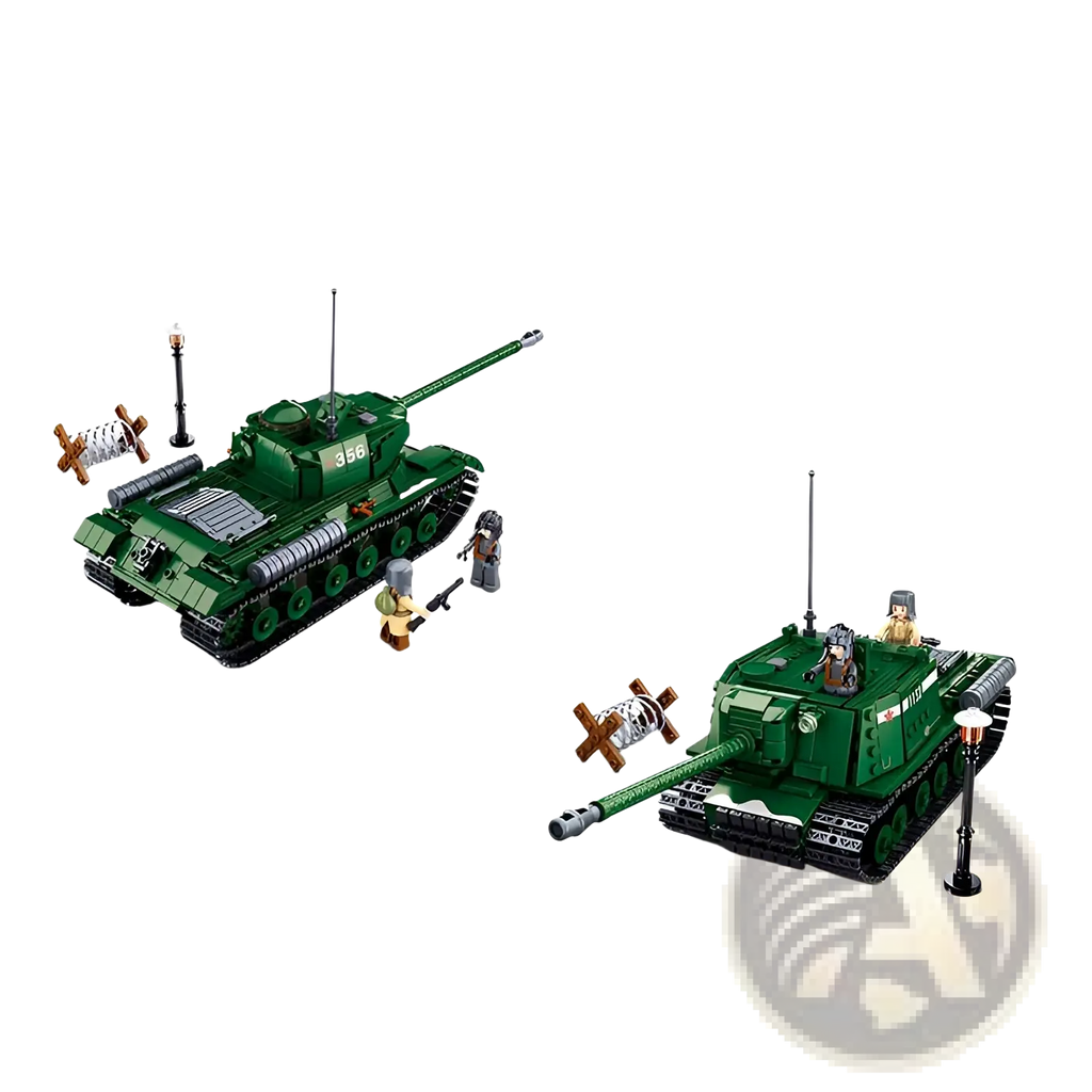 Green plastic military tank building block model featuring detailed turrets tracks and crew figures for play