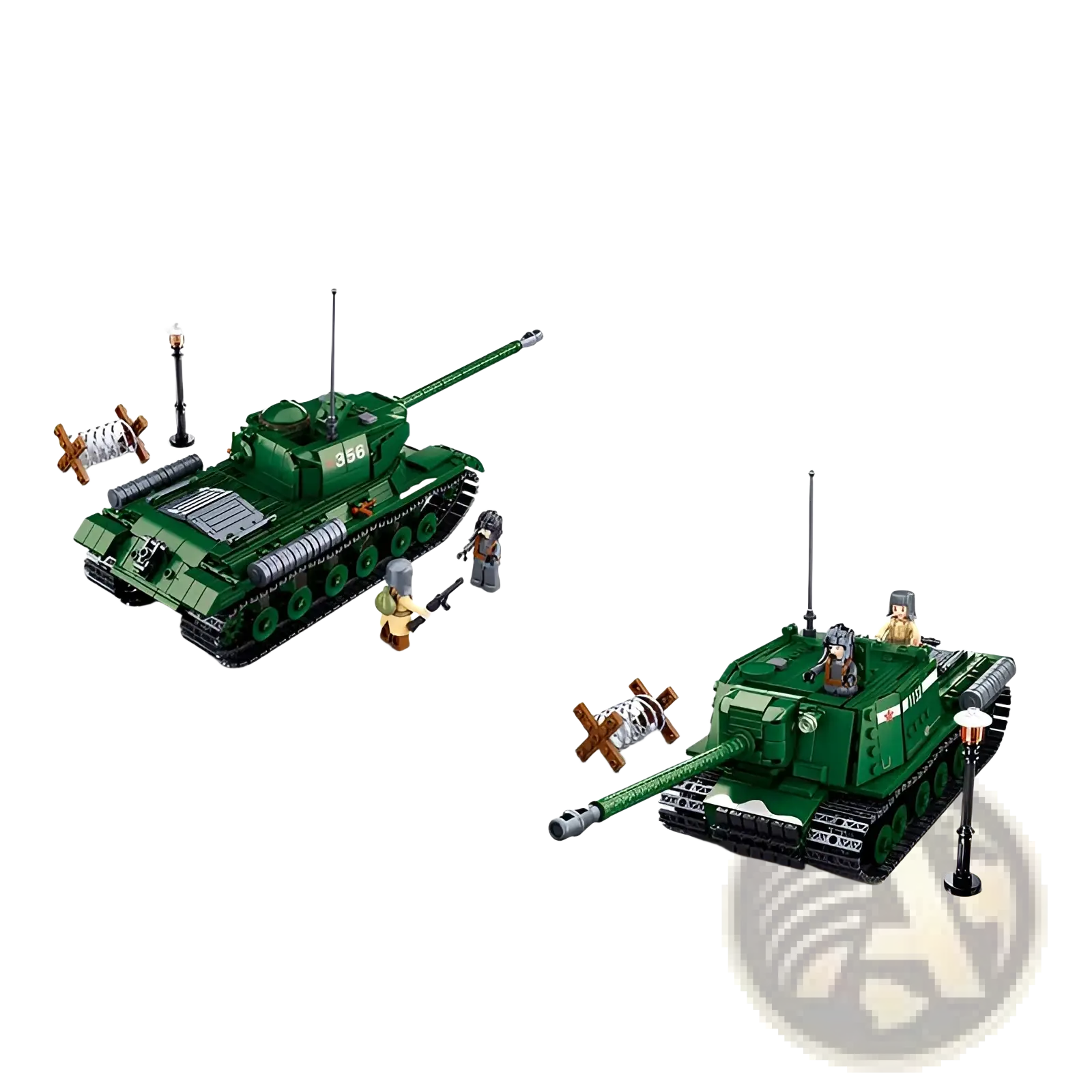 Green plastic military tank building block model featuring detailed turrets tracks and crew figures for play