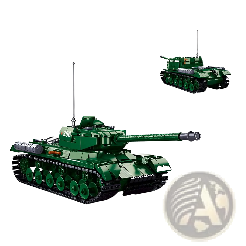 Green plastic military tank building block model with black tracks silver cannon and number 356 on turret