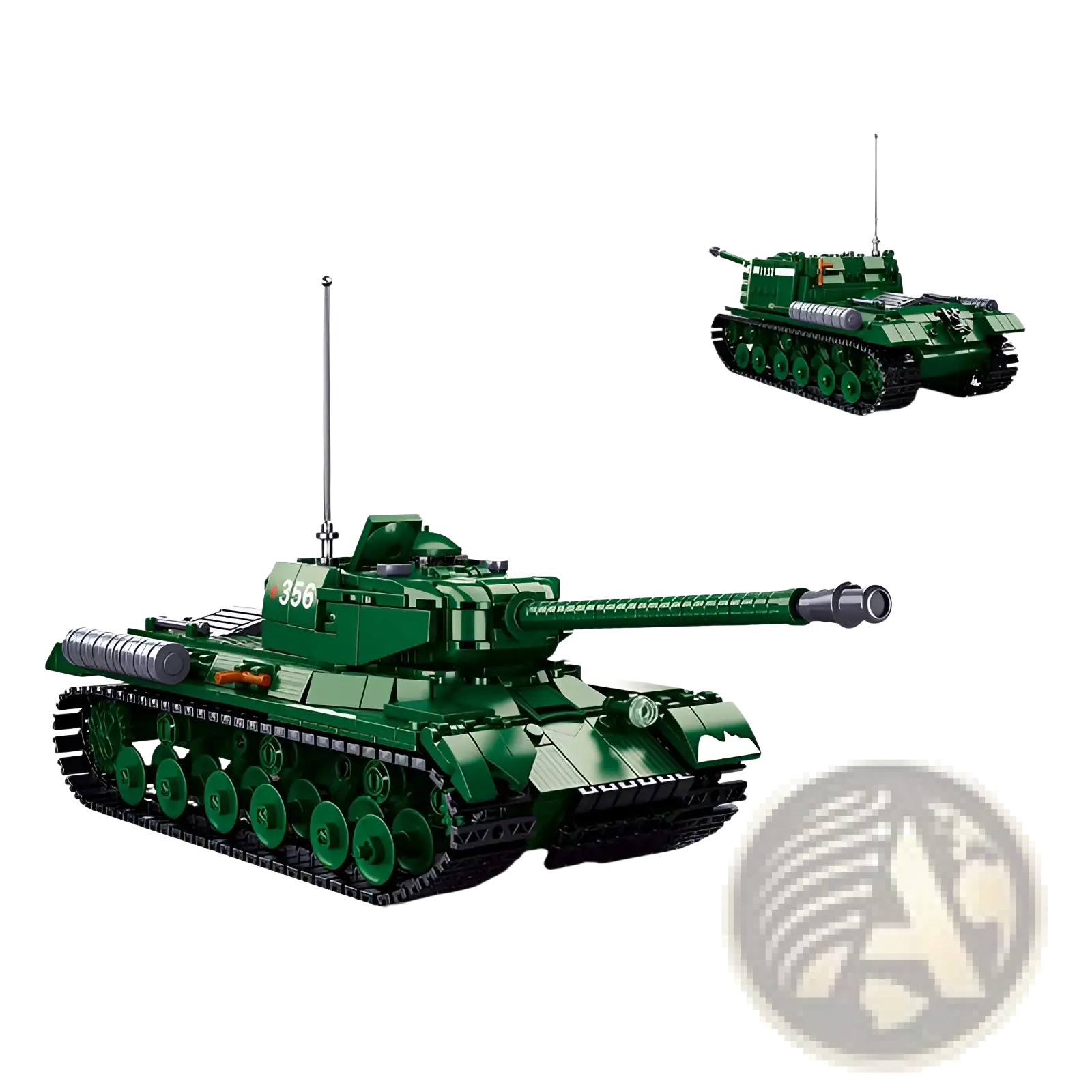 Green plastic military tank building block model with black tracks silver cannon and number 356 on turret