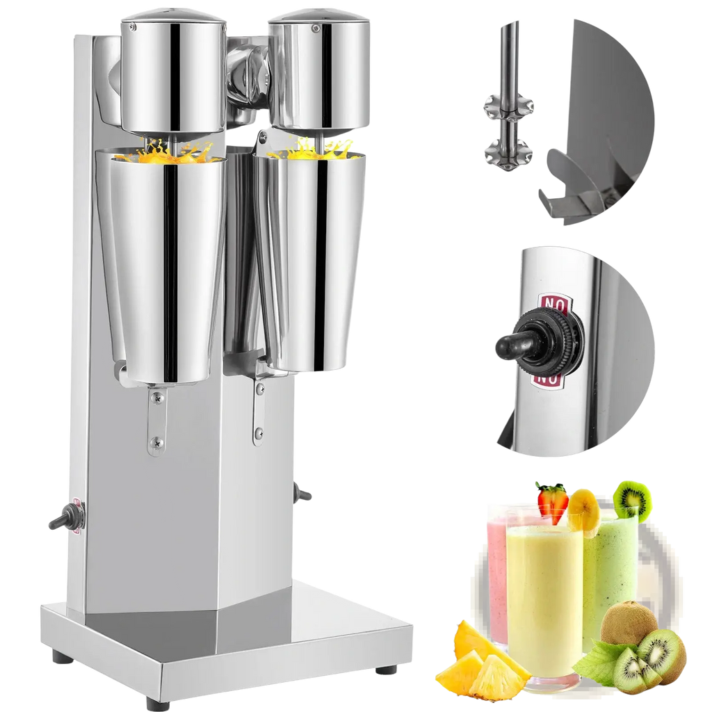 Stainless steel milkshake maker commercial double head blender with dual chamber and sturdy silver base