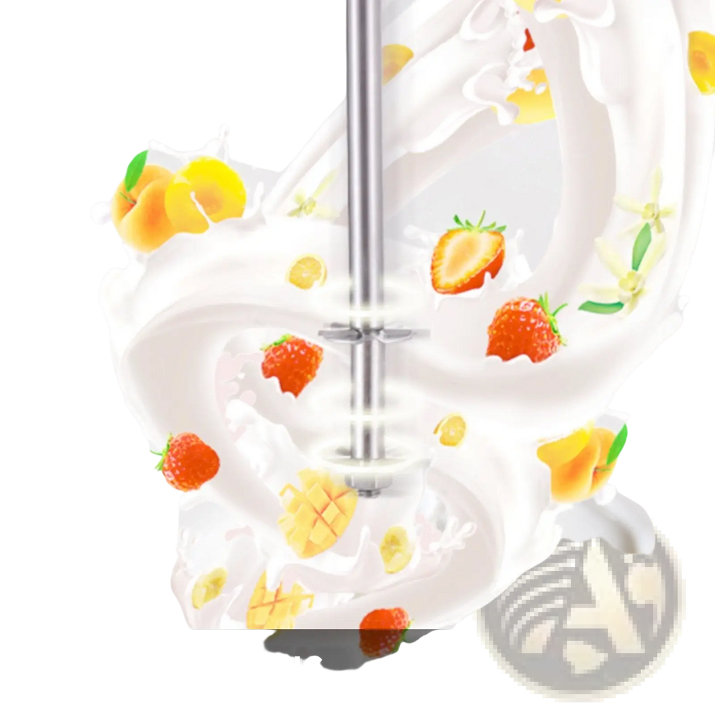 Silver stainless steel immersion blender mixing creamy white liquid with fresh strawberries and peaches milkshake maker commercial double head 180w