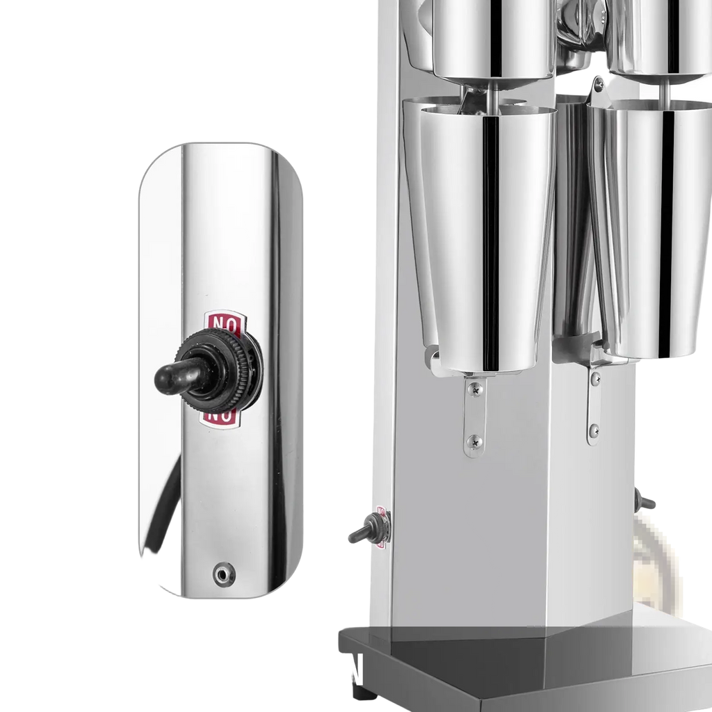 Stainless steel commercial milkshake maker with two-speed motor, polished chrome finish, and dual mixing cups in silver
