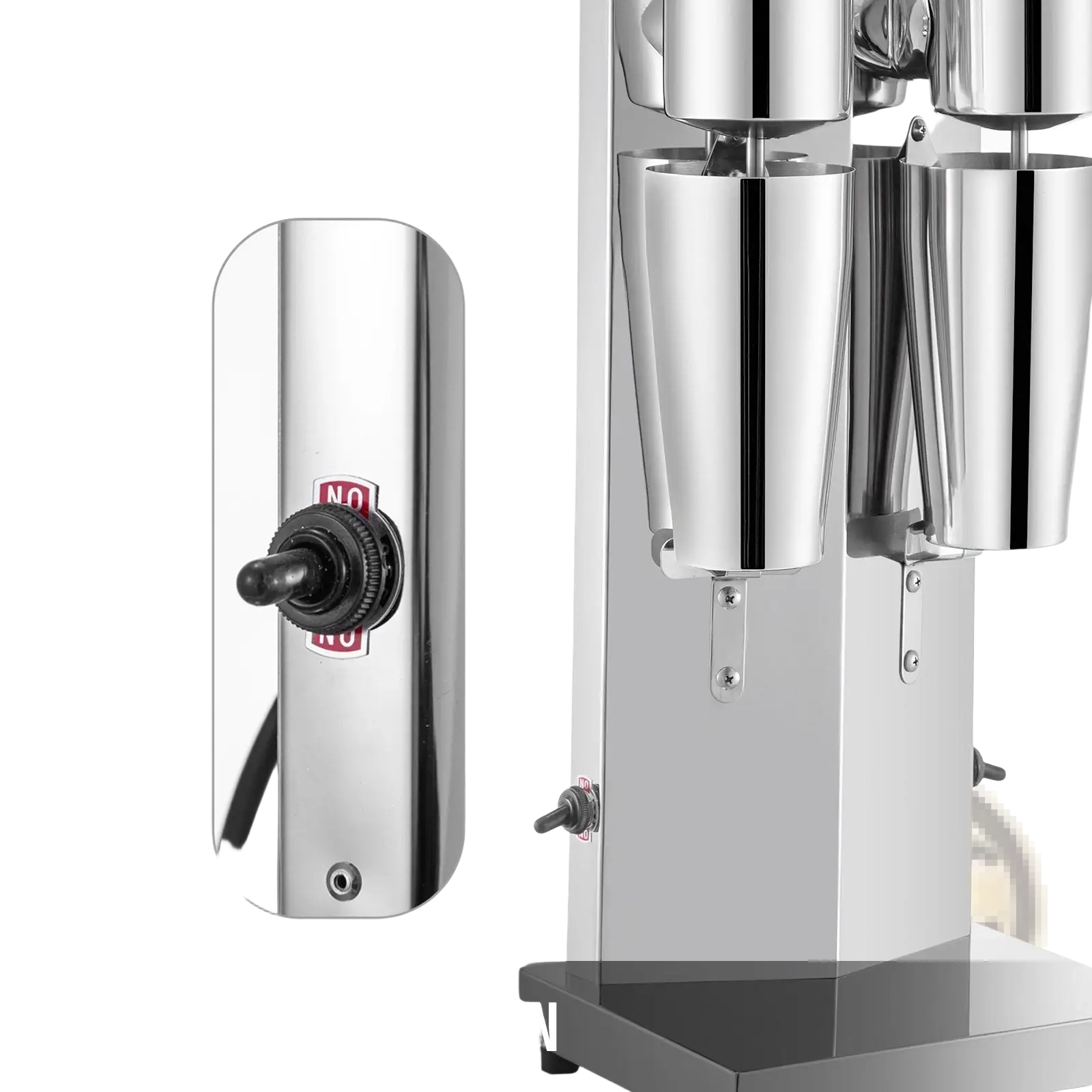 Stainless steel commercial milkshake maker with two-speed motor, polished chrome finish, and dual mixing cups in silver