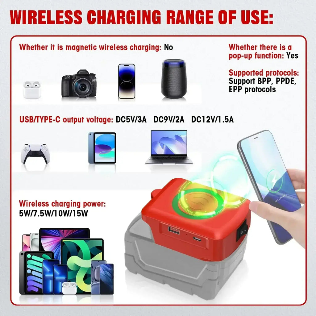 Milwaukee 18v battery wireless charger and usb adapter red and gray with pop-up wireless charging station