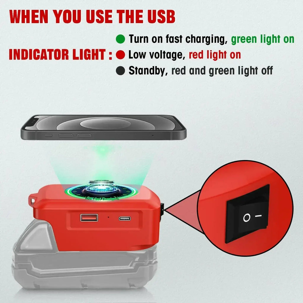 Red milwaukee 18v battery wireless charger with usb ports and indicator lights for fast charging and usb adapter