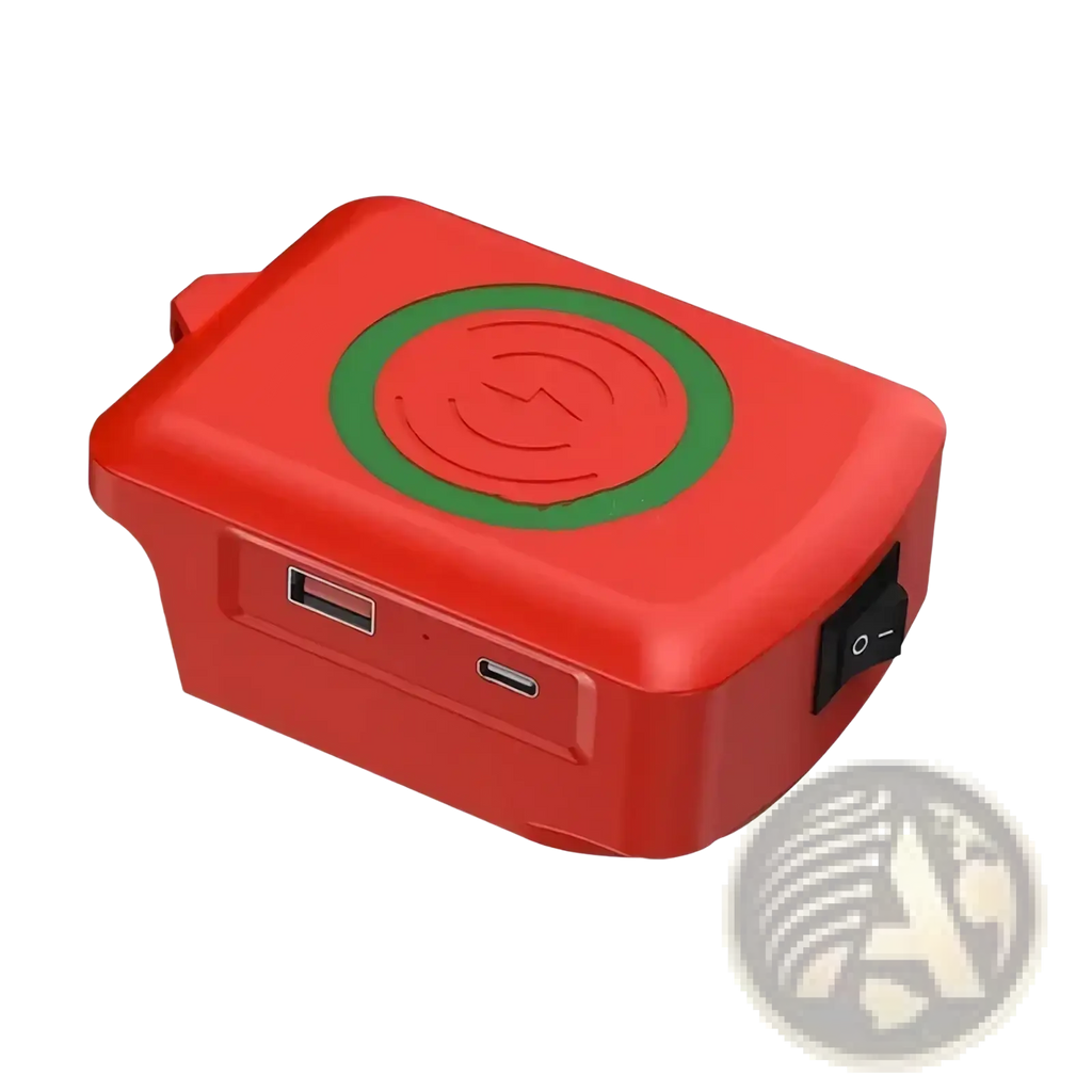 Milwaukee 18v battery wireless charger and usb adapter in red with green charging pad and dual usb ports