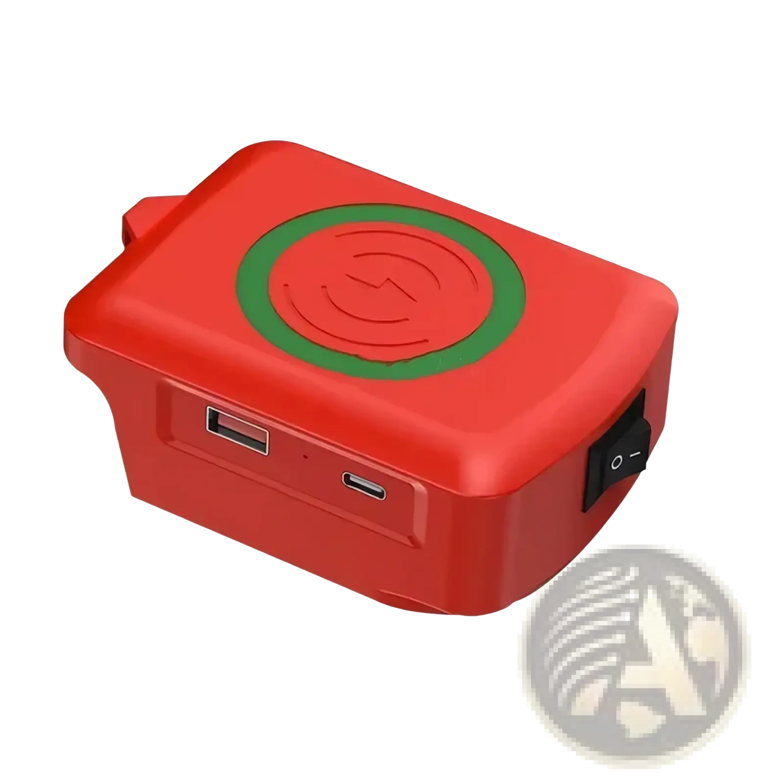 Milwaukee 18v battery wireless charger and usb adapter in red with green charging pad and dual usb ports