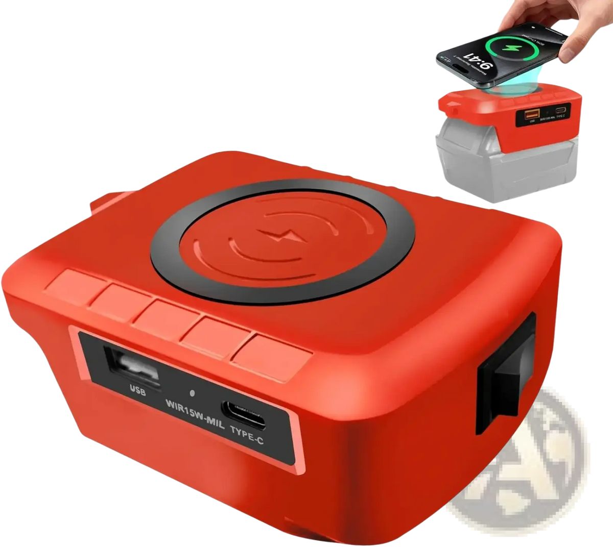 Red rectangular milwaukee 18v battery wireless charger with black circular charging pad and usb adapter ports