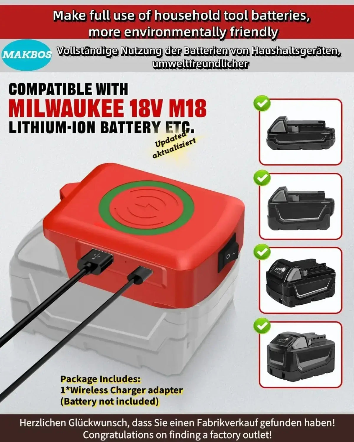 Red and white wireless charger adapter for milwaukee 18v m18 lithium-ion batteries with usb functionality