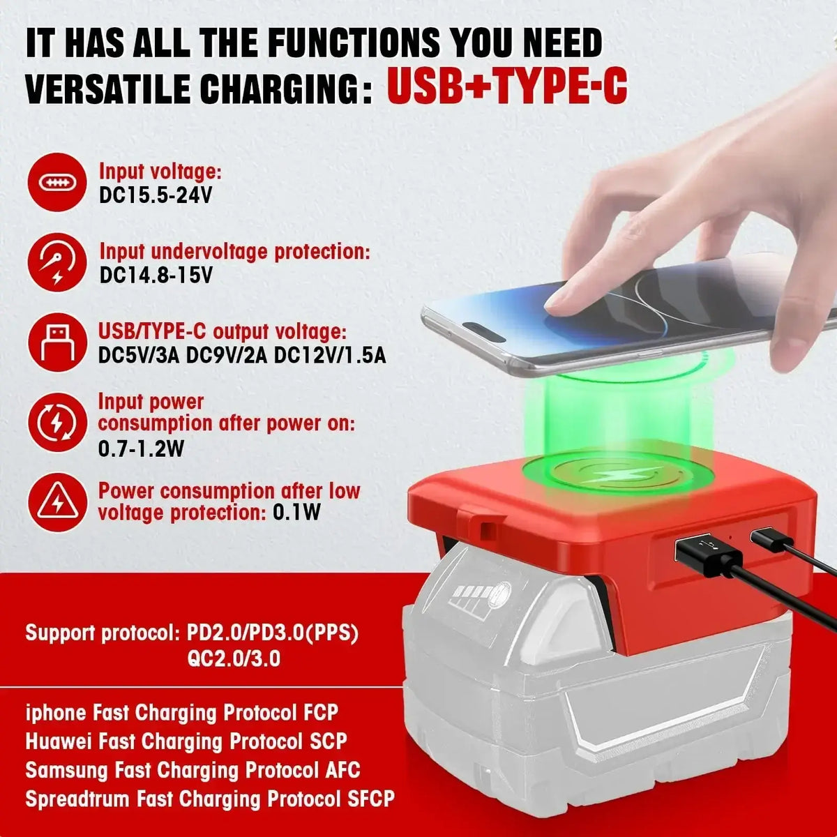 Red and white Milwaukee 18v battery wireless charger and usb adapter with usb and type-c charging ports portable power station