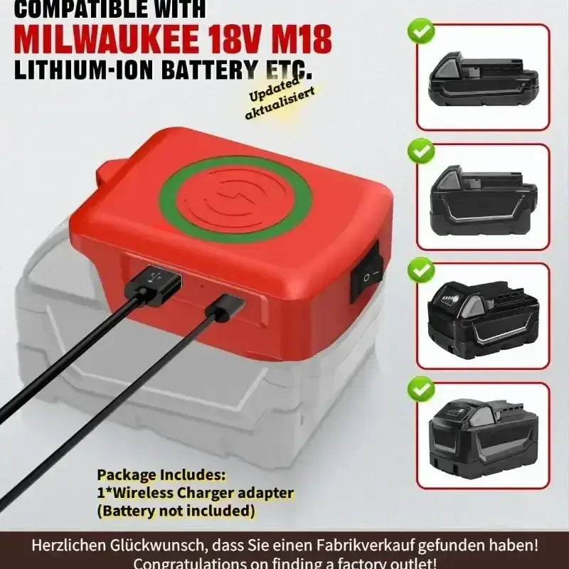 Red wireless charger adapter with green circular logo for milwaukee 18v batteries supporting wireless charging and usb ports