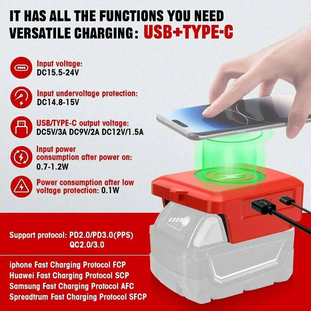 Milwaukee 18v red and white wireless charger adapter with usb and type-c ports for efficient wireless charging