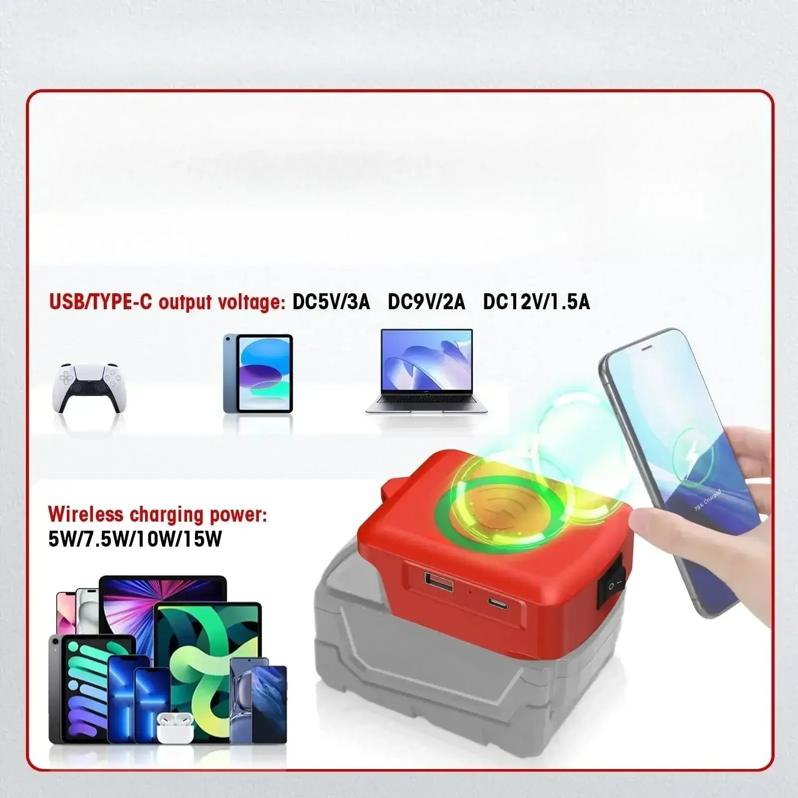 Red and gray milwaukee 18v portable power bank with wireless charging pad for convenient phone charging