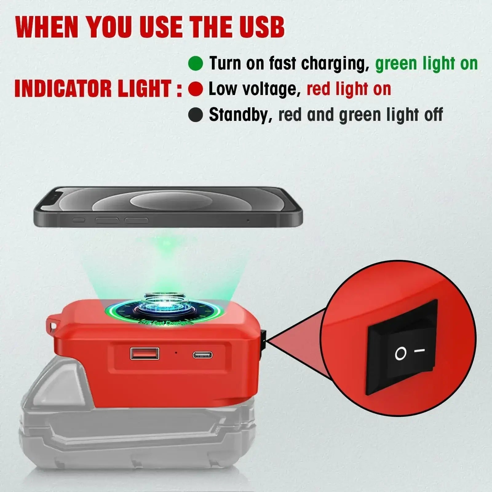 Milwaukee 18v red portable wireless phone charger power bank with usb ports and indicator lights for fast charging