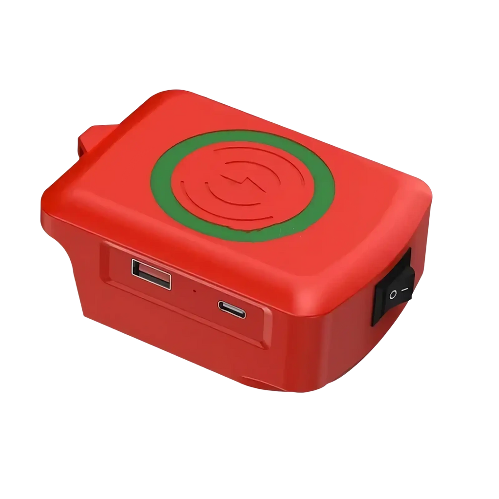 Milwaukee 18v wireless phone charger power bank in red with green charging pad and dual usb ports for quick charging