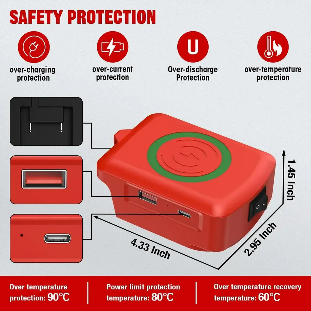 Milwaukee 18v wireless phone charger power bank in red with green charging pad and multiple usb ports for versatility
